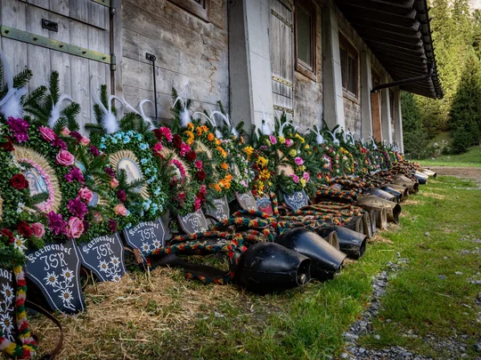 Sehenswürdigkeiten am Achensee rund um den Wiesenhof Traditionelle dekorierte Kuhglocken und Kränze vor einem Holzhaus im Gebirge