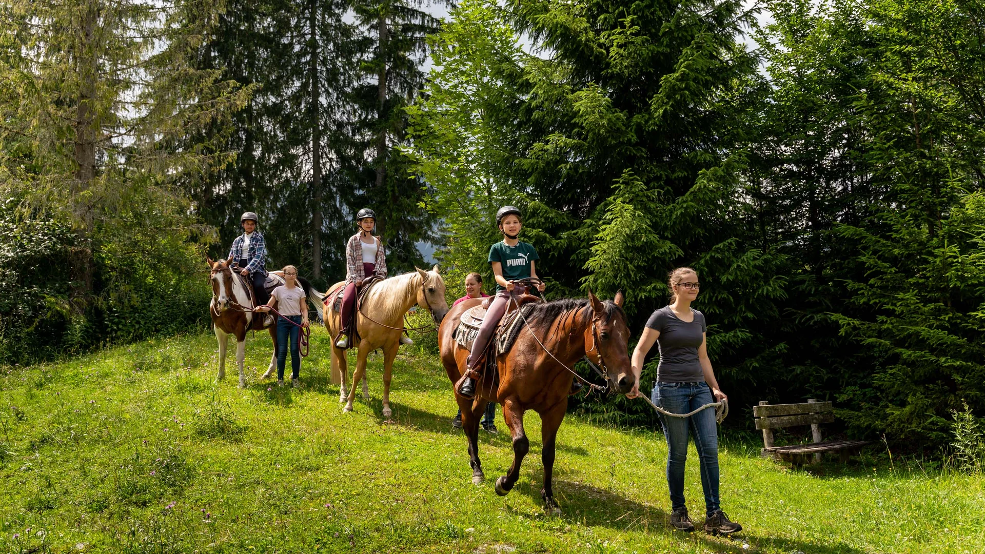 Familienhotel mit Ponyreiten am Achensee | Wiesenhof Pertisau Kinder auf Pferden mit Betreuern auf einem Waldweg im Grünen
