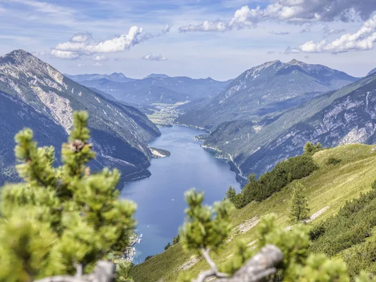 In, auf und rund um den Achensee Blick auf einen Bergsee umgeben von hohen Alpen und grünen Hängen