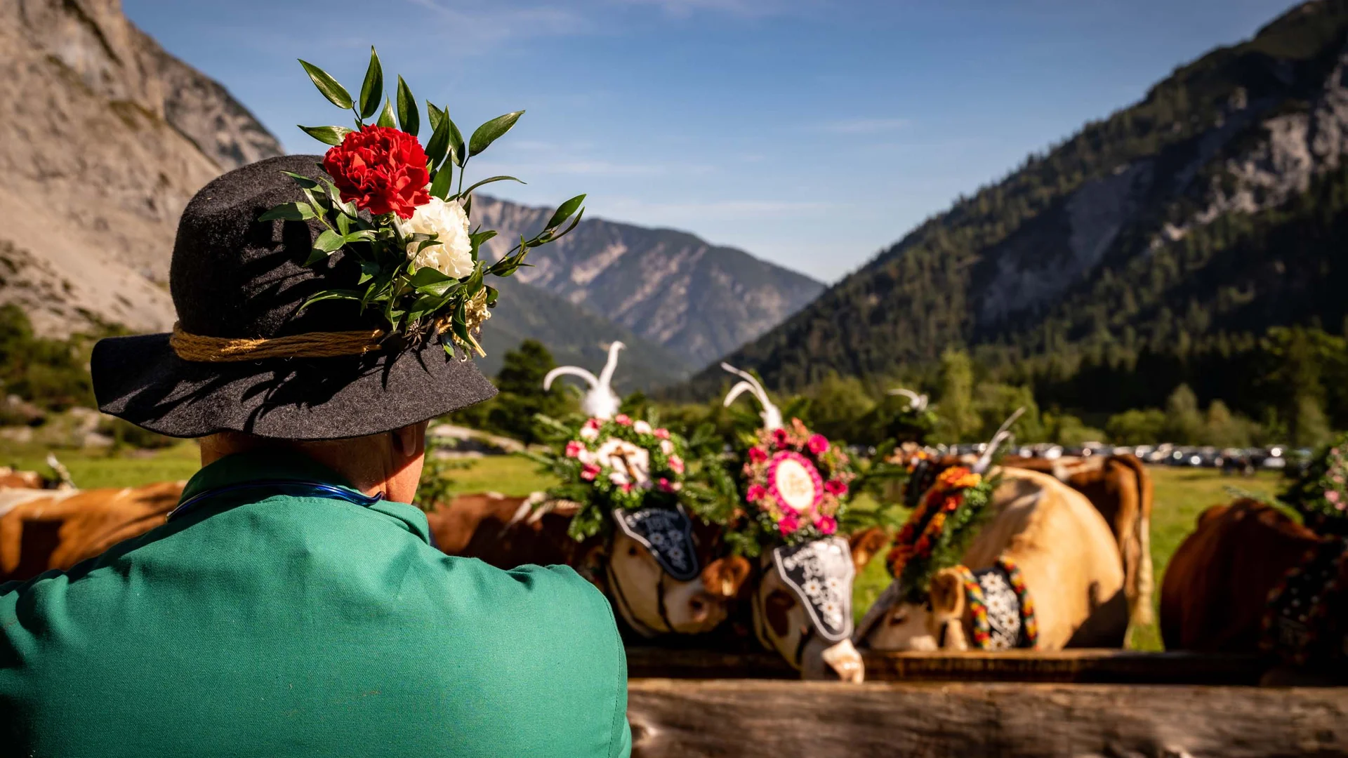 Sehenswürdigkeiten am Achensee rund um den Wiesenhof Person mit geschmücktem Hut vor Kühen mit Blumen und Bergen im Hintergrund