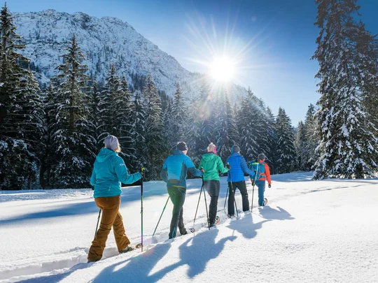 Wanderhotel Tirol: durchs Karwendel wandern und biken Gruppe beim Schneeschuhwandern in sonniger verschneiter Berglandschaft