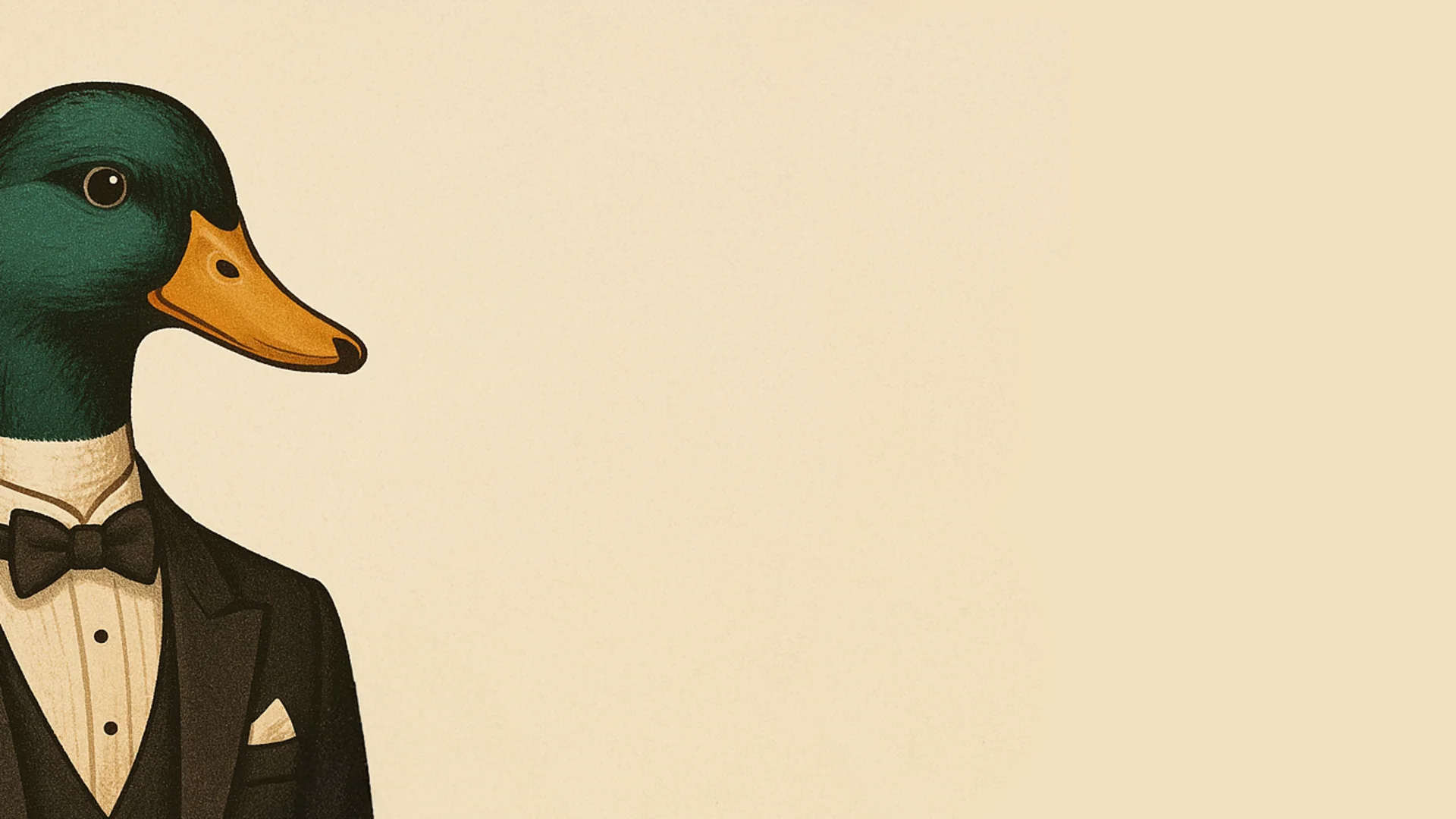 Emil erzählt aus dem nachhaltigen Hotel in Österreich. Ente mit Anzug und Fliege vor beigem Hintergrund