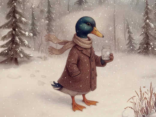 Emil erzählt aus dem nachhaltigen Hotel in Österreich. Anthropomorphente Ente mit Mantel und Schal hält Glas mit Schneeflocken im verschneiten Wald