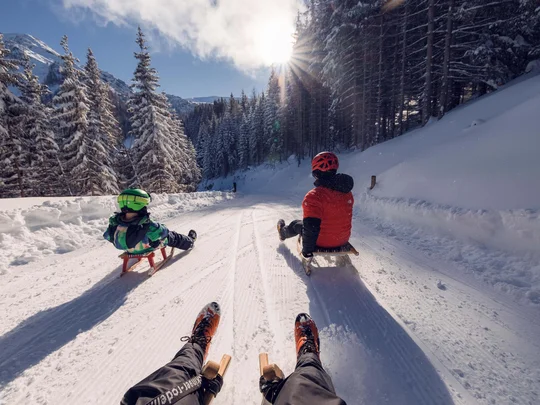 Euer Familienhotel am Achensee Drei Personen rodeln auf verschneitem Waldweg bei sonnigem Wetter