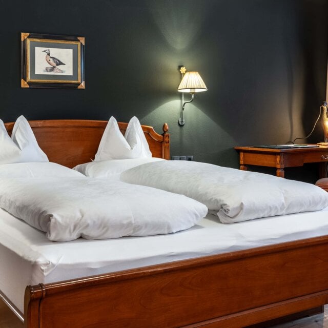 Gemütliches Schlafzimmer mit Doppelbett und Schreibtisch.