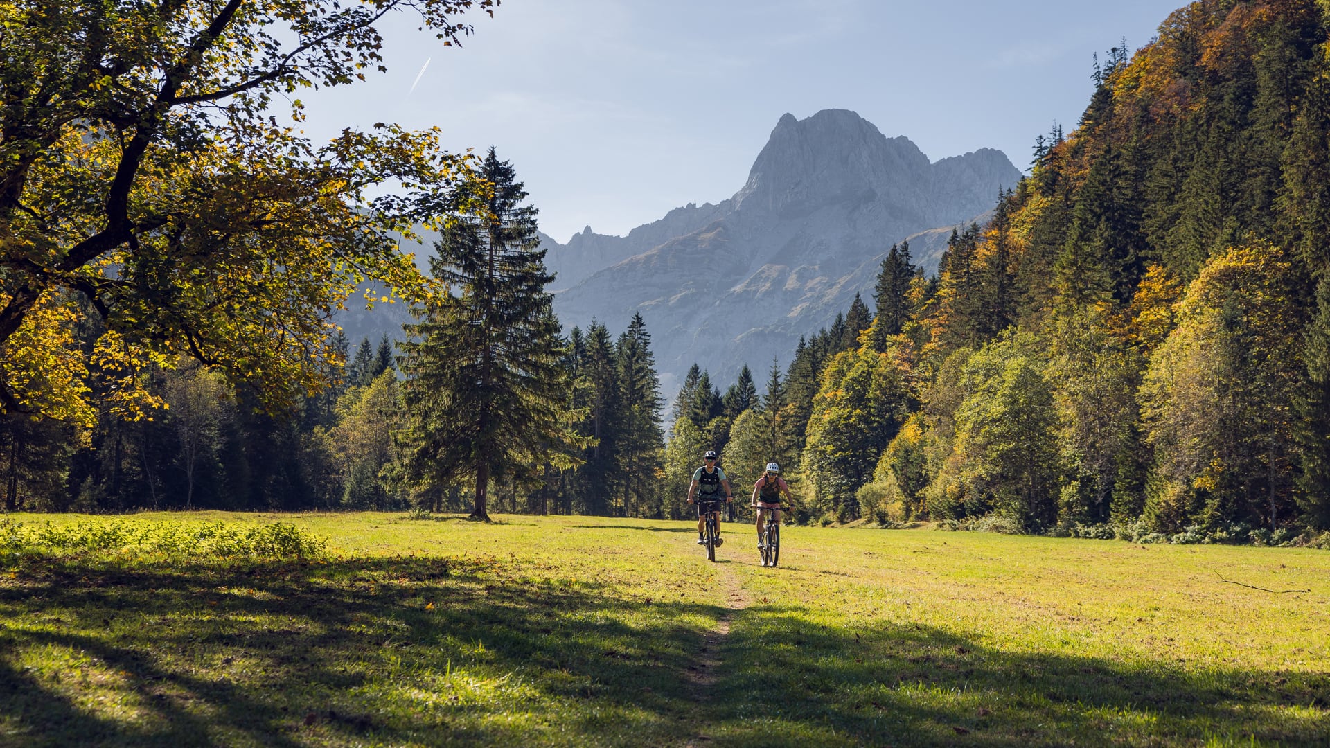 Zwei Radfahrer in der herbstlichen Landschaft